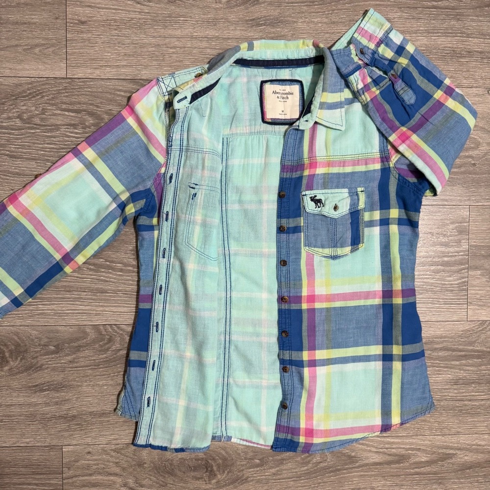 Y2K‎ Abercrombie & Fitch Womens M Lined Shirt Plaid Button Down Blue 100% Cotton